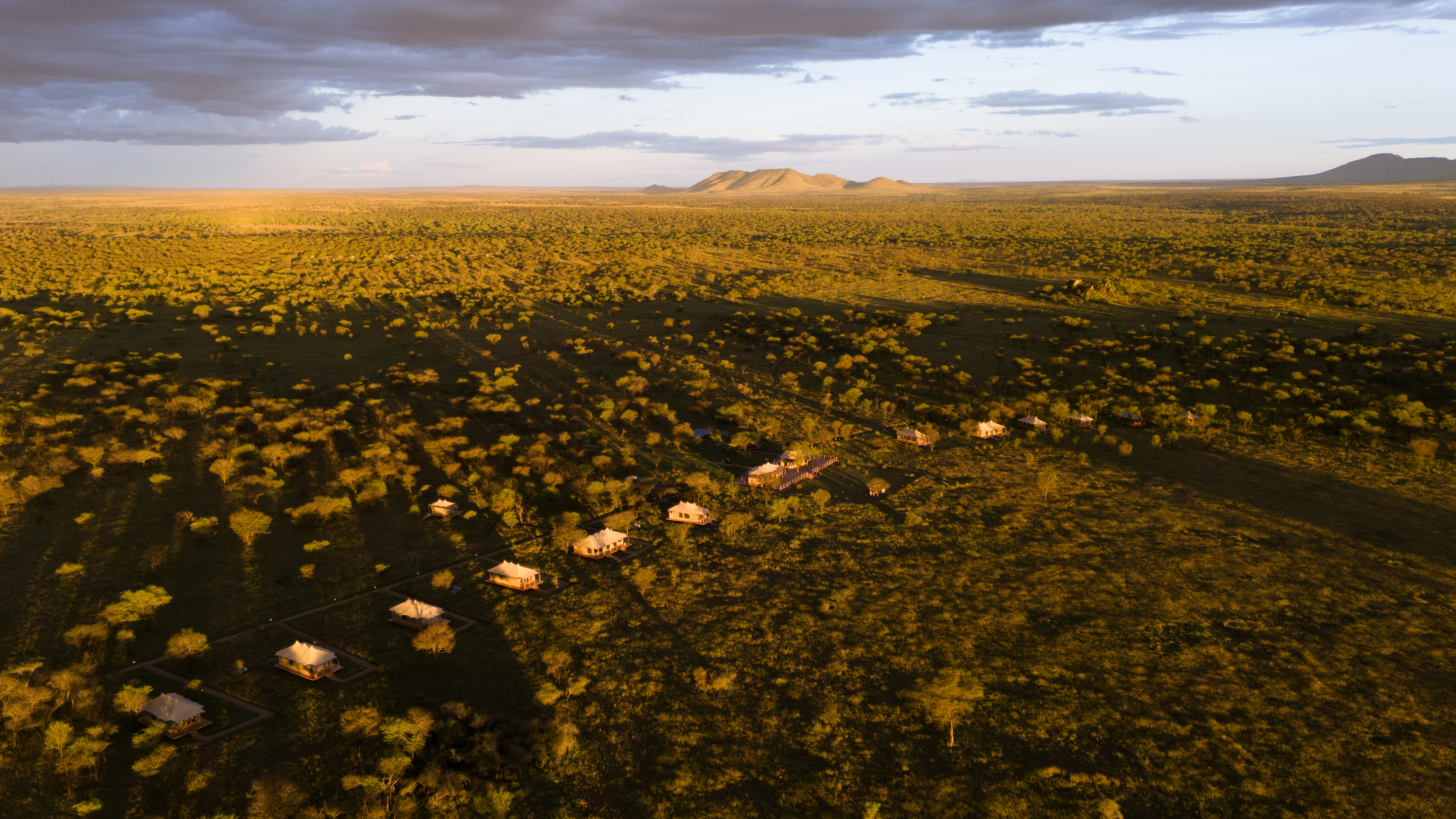 Aerial view of Conserve Safari Serengeti camp in the wilderness