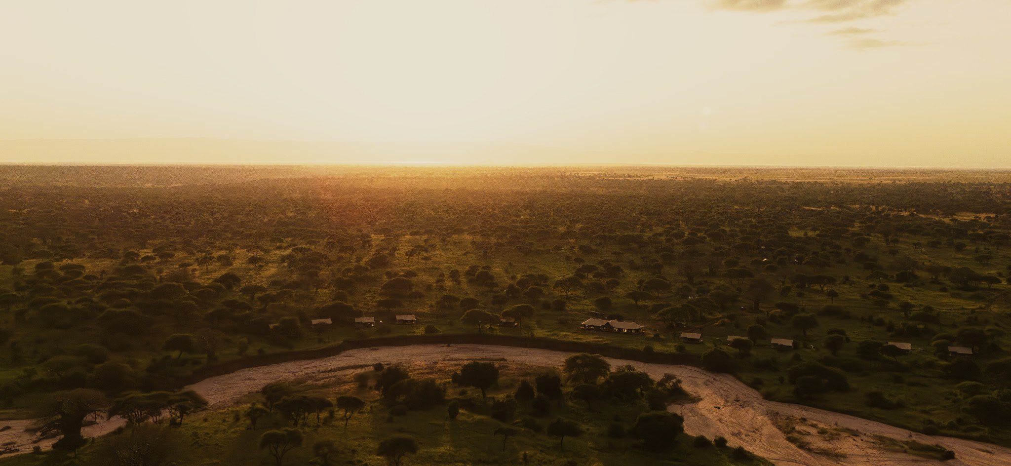 Aerial view of Conserve Safari Tarangire camp at sunset